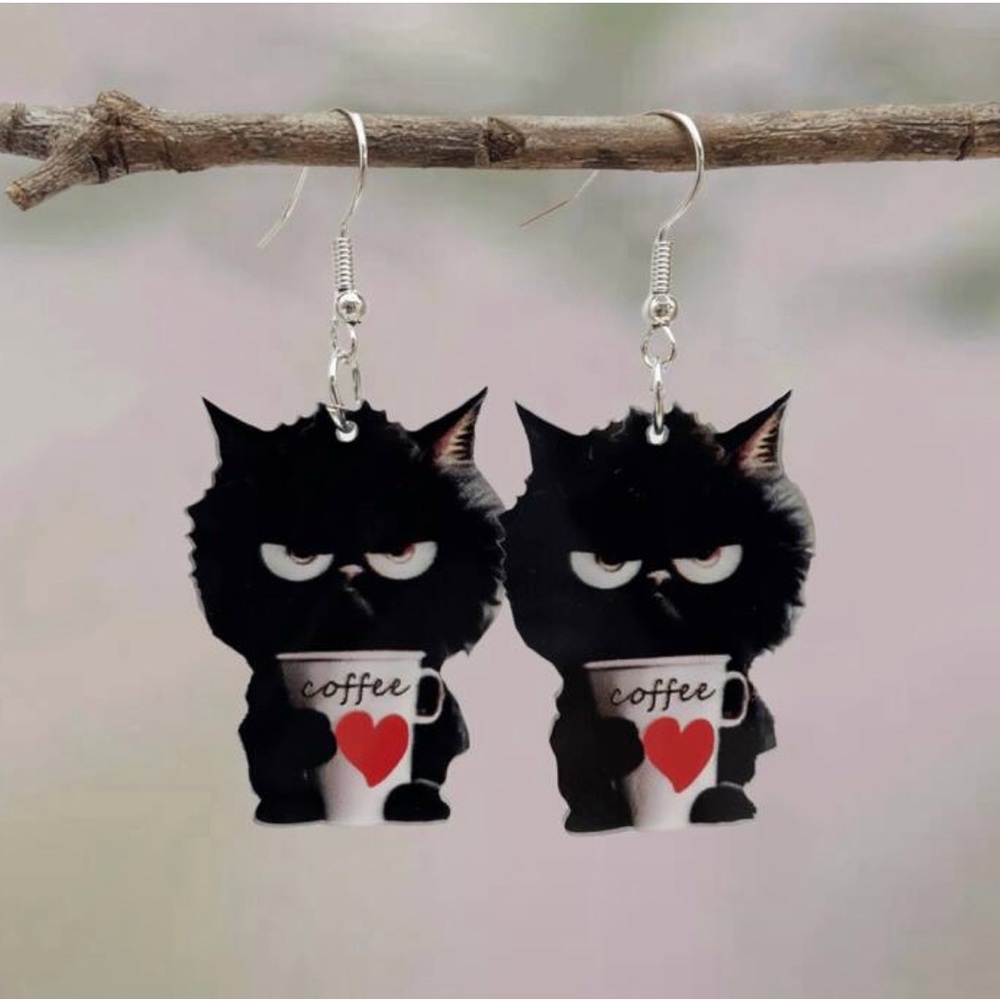 Grumpy Cat Earrings with Coffee Cup Design
